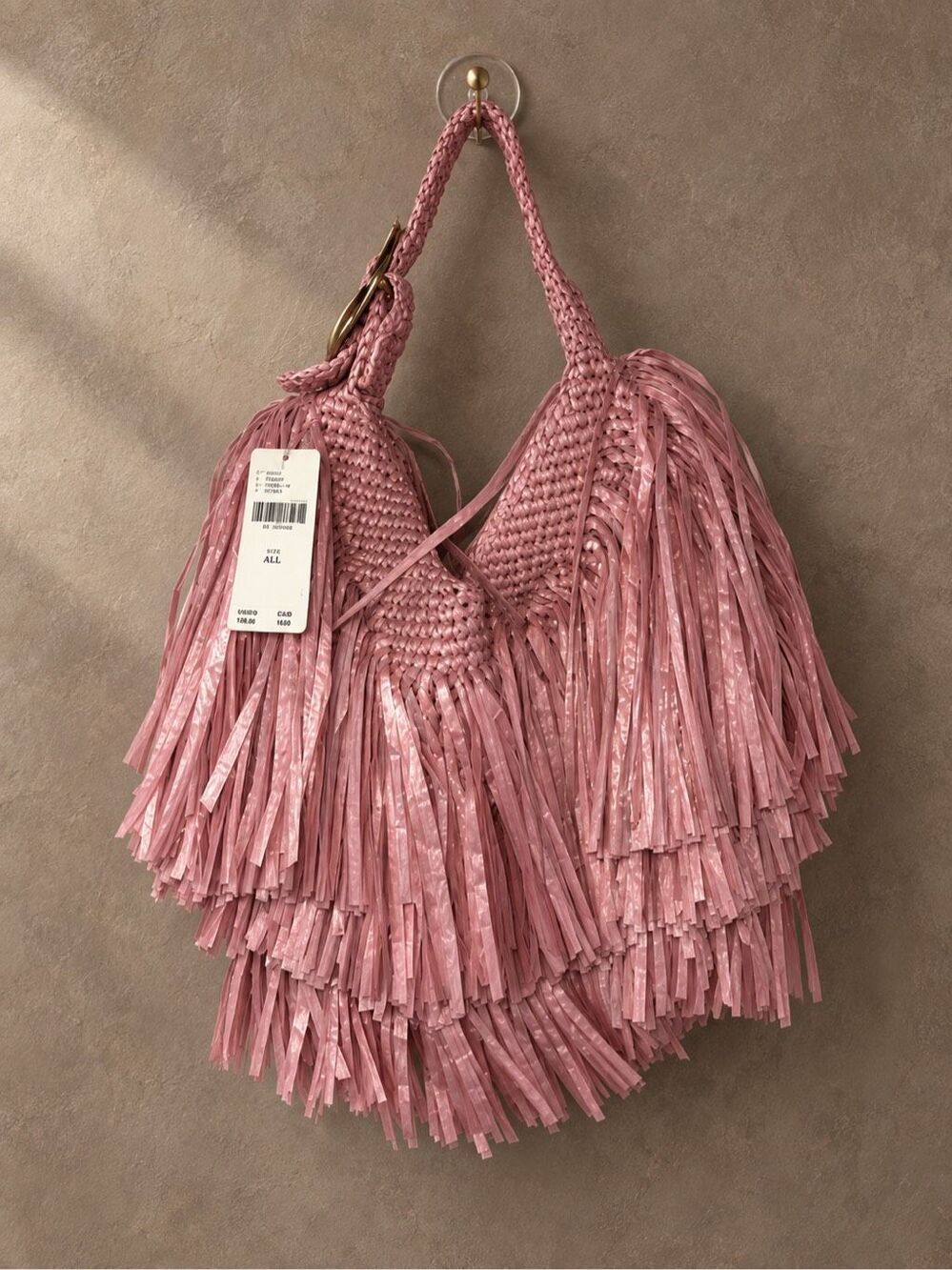 By Anthropologie One Size NWT Fringe Hobo Bag Pink Raffia Shoulder Bag